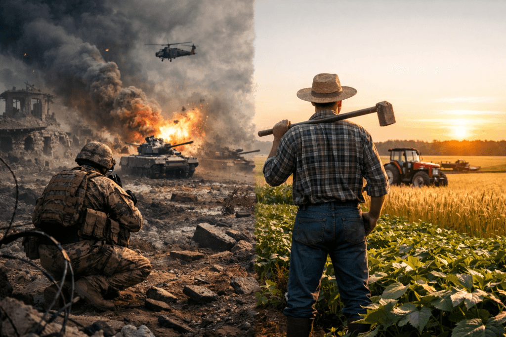 Split image showing agriculture during war, a battlefield with explosions and a soldier on one side, contrasted with a farmer standing in a golden crop field at sunset on the other.