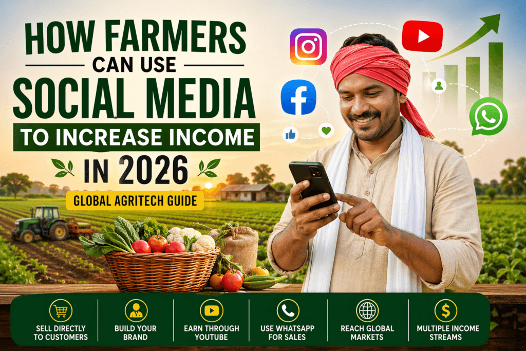 Farmer using smartphone in field with social media icons showing how farmers can increase income using Instagram, YouTube, Facebook, and WhatsApp in 2026