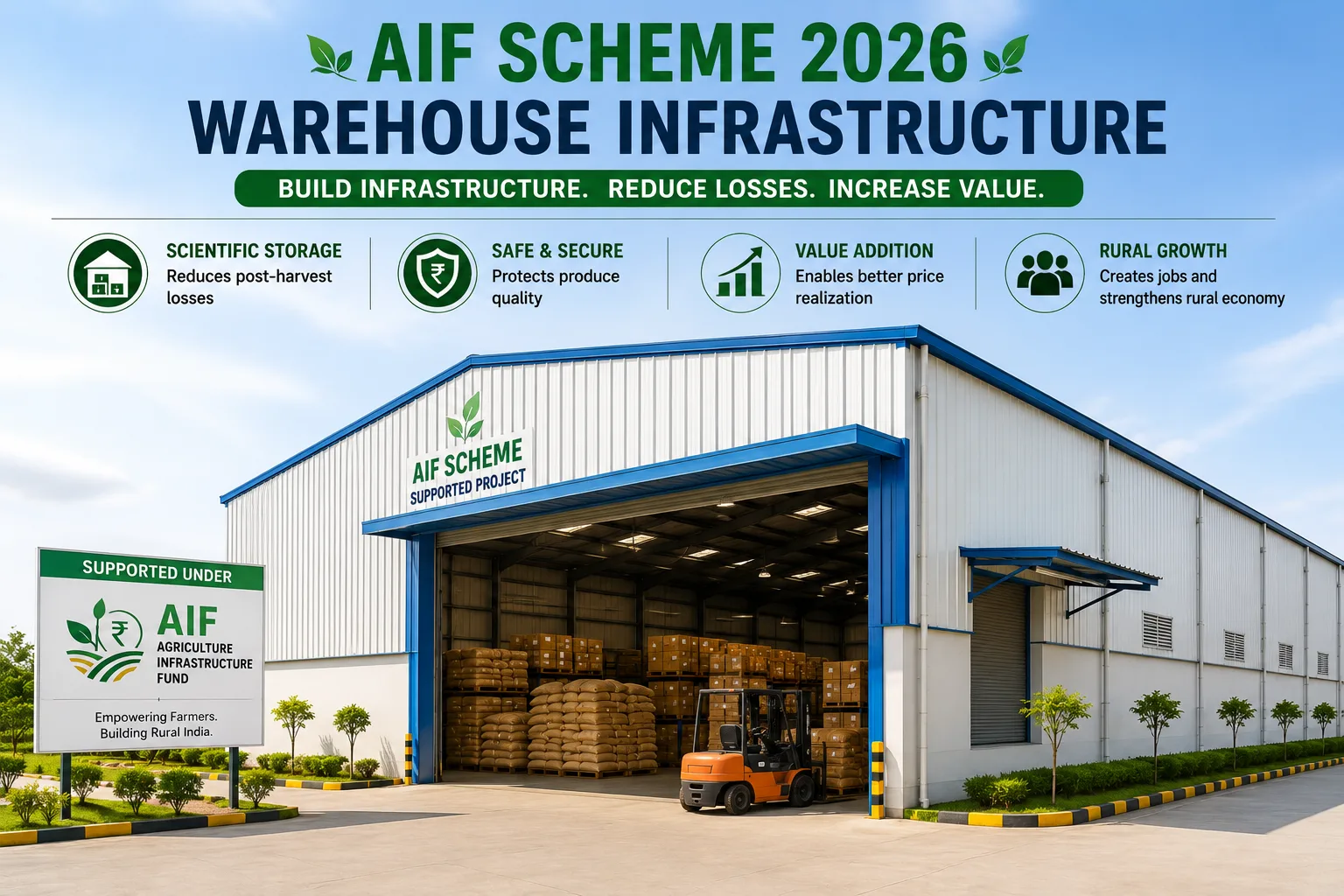 Modern agricultural warehouse infrastructure supported under Agriculture Infrastructure Fund (AIF) Scheme 2026 for scientific storage and post-harvest loss reduction.