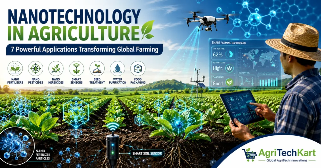 Nanotechnology in agriculture featuring nano fertilizers, smart soil sensors, drones, and precision farming technologies improving crop productivity