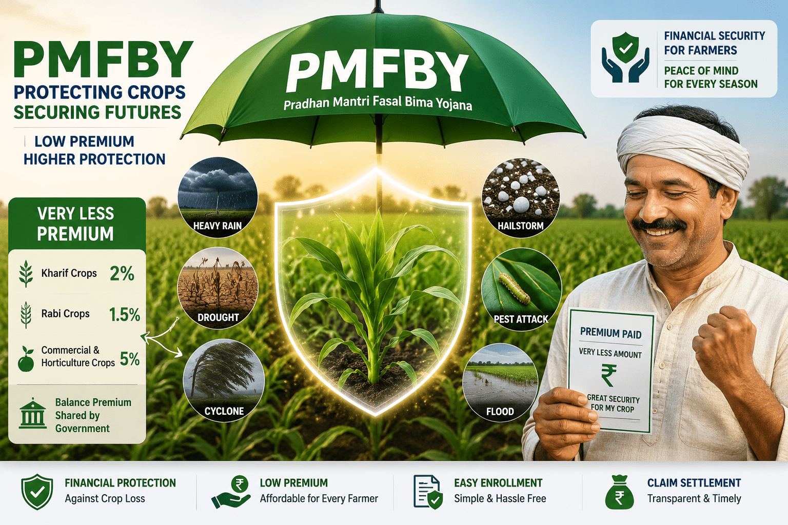 Farmer standing beside crops protected under a PMFBY umbrella showing low premium and financial protection against crop losses.