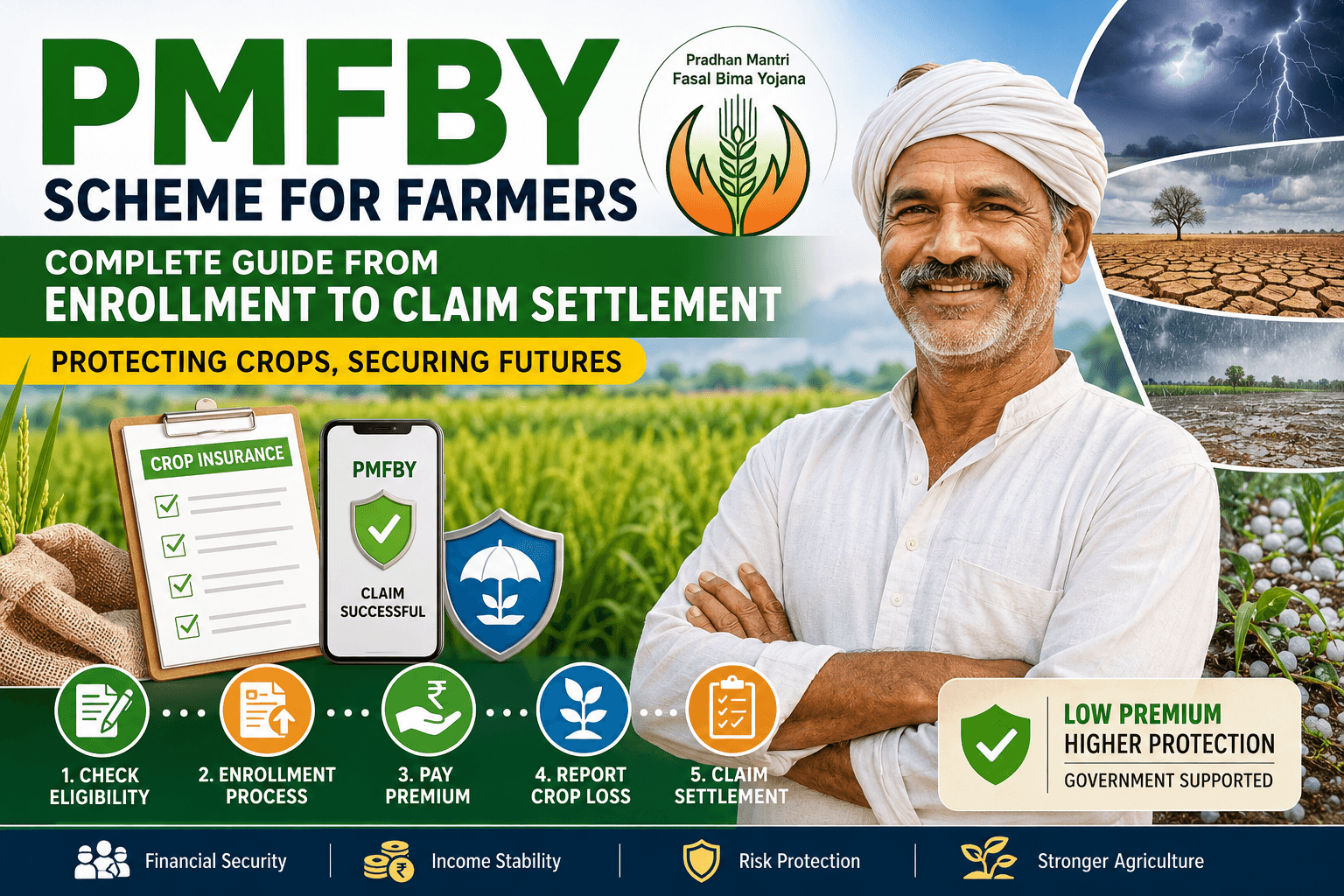 PMFBY Complete Guide for Farmers illustrating crop insurance enrollment, premium payment, crop loss reporting and claim settlement process in India.