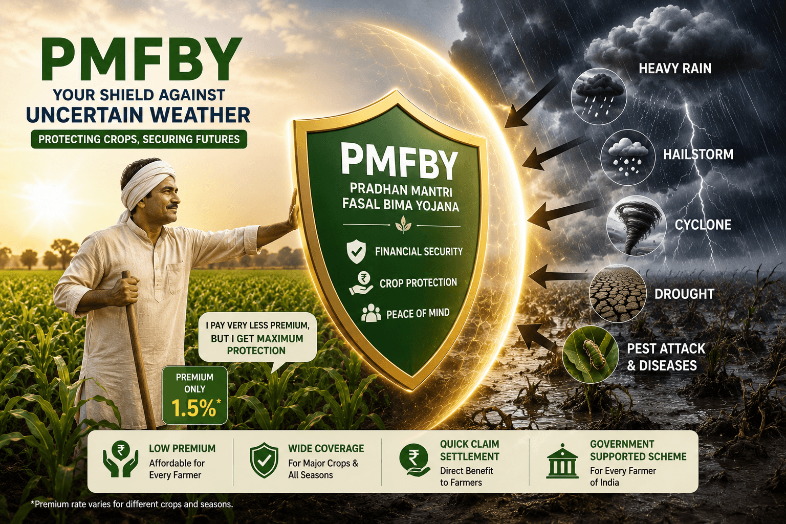 Indian farmer standing confidently behind a PMFBY shield that protects crops from drought, heavy rainfall, cyclones, hailstorms and pest attacks.
