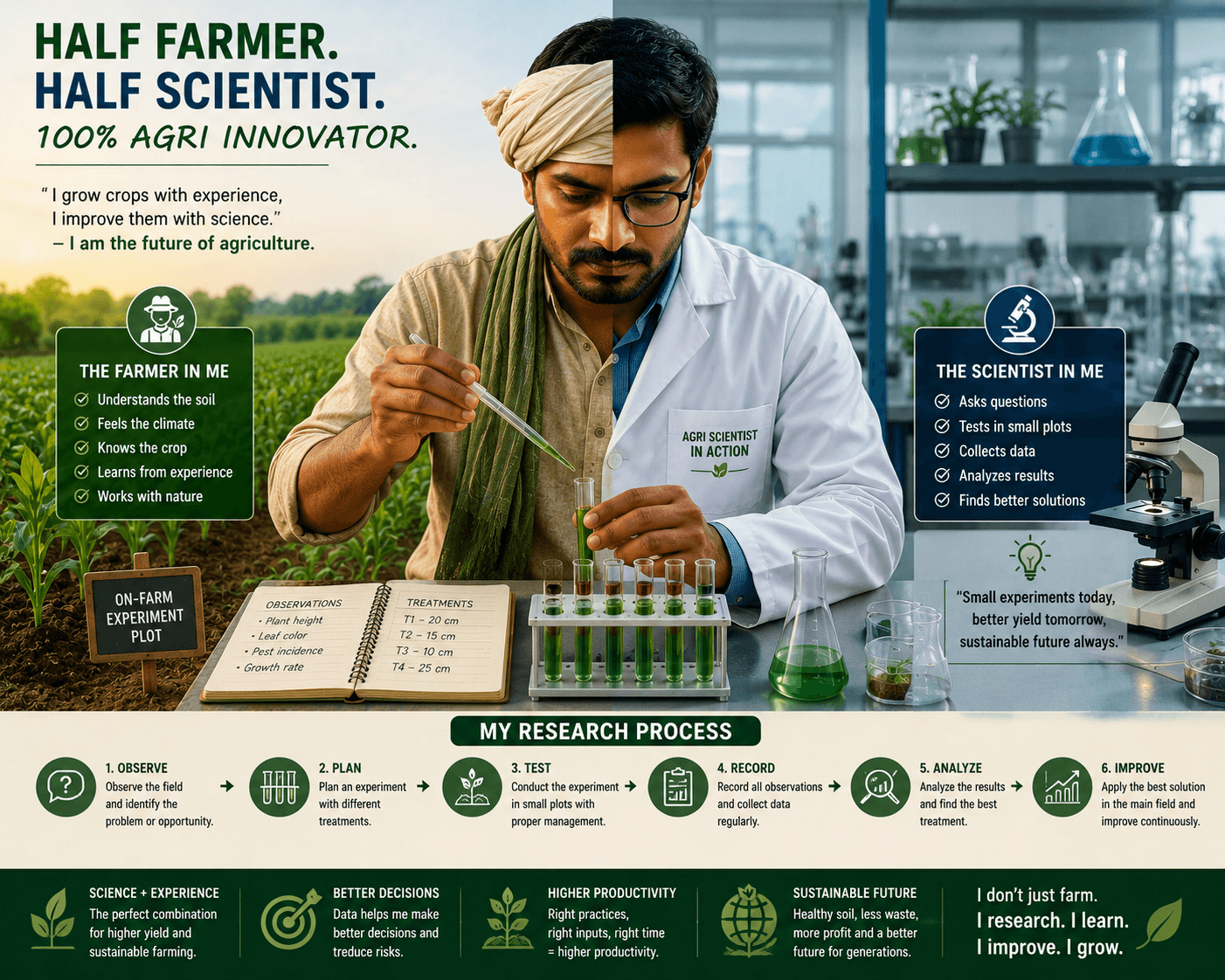 Conceptual illustration of a half farmer and half agricultural scientist conducting crop experiments, recording observations, analyzing results, and applying scientific farming practices to improve crop productivity and sustainability.