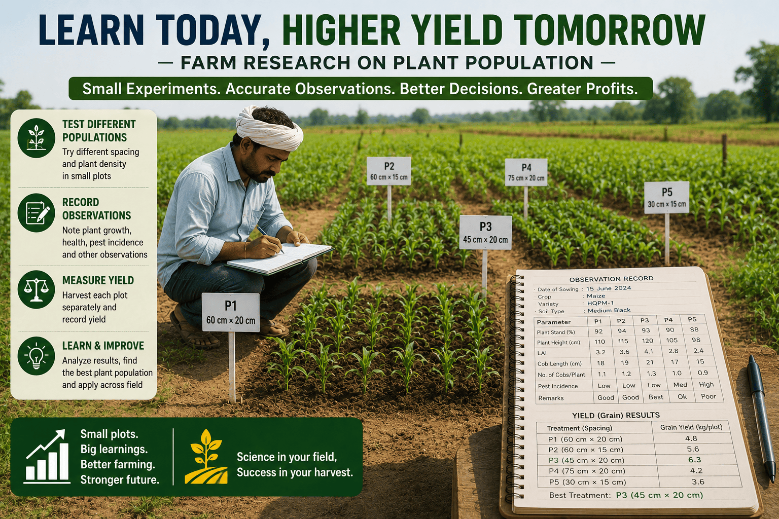 Farmer conducting a plant population field experiment on small demonstration plots by testing different crop spacings, recording observations and yields to determine the optimum plant population for higher productivity.