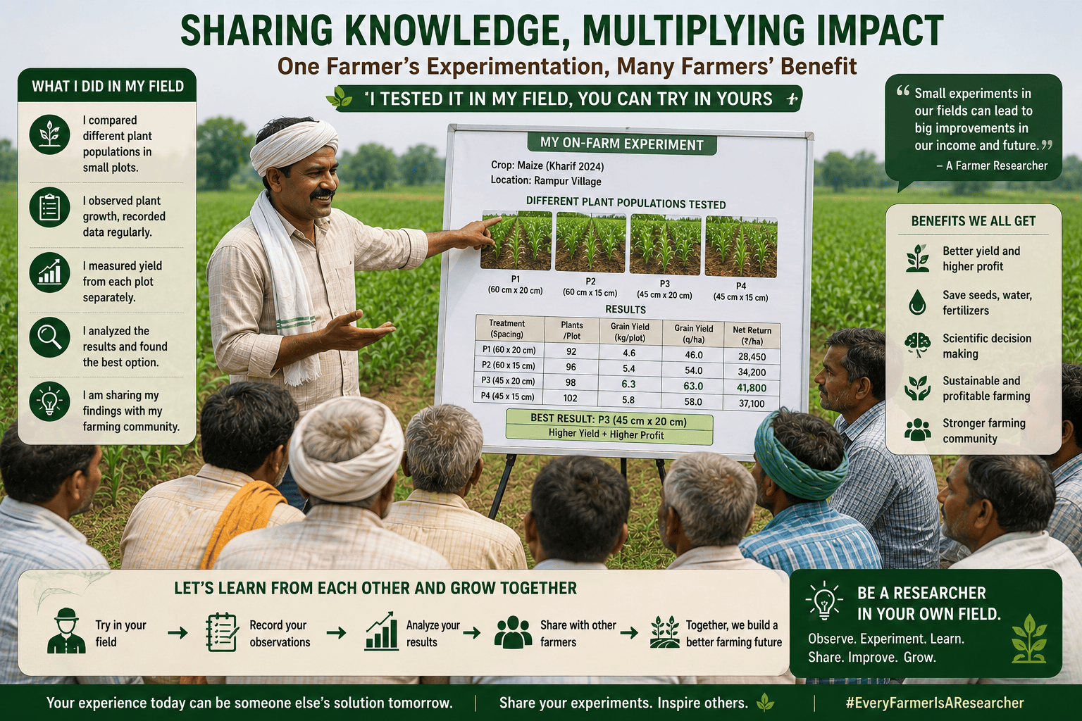 Farmer explaining plant population field experiment results to fellow farmers using demonstration plots, crop observations, yield records, and scientific farming practices for better crop productivity.