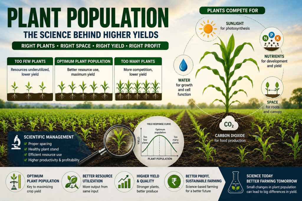 Scientific illustration showing optimum plant population in crop production, plant spacing, competition for sunlight, water and nutrients, yield response curve, and plant population calculation for higher crop yields.