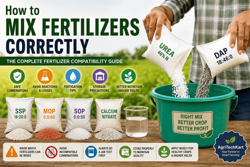 Farmer mixing urea and DAP fertilizers with a fertilizer compatibility guide showing safe fertilizer combinations, storage tips, fertigation advice, and best practices for higher crop yields.