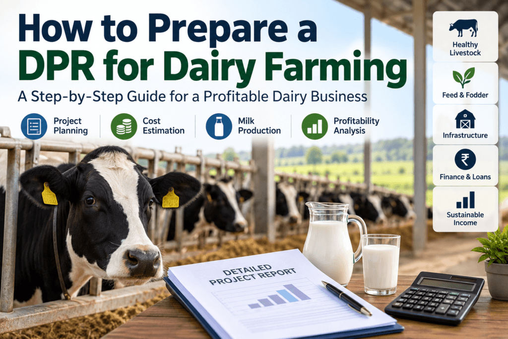 DPR for dairy farming showing livestock, milk production, project cost and profitability planning